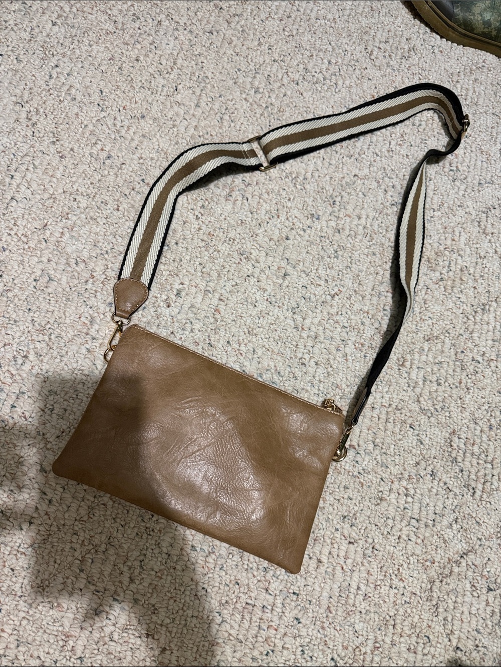 Convertible Tan Crossbody Bag with Striped Adjustable Strap